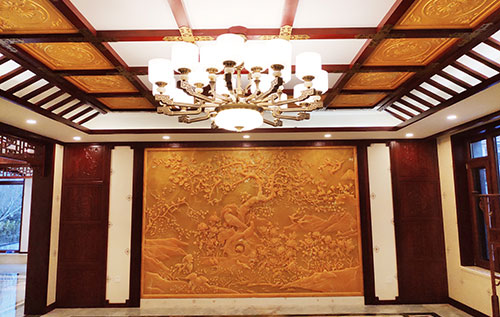 禅城中式别墅客厅中式木作横梁吊顶装饰展示