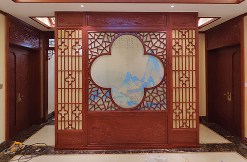 禅城会所室内装修中式仿古实木屏风隔断展示