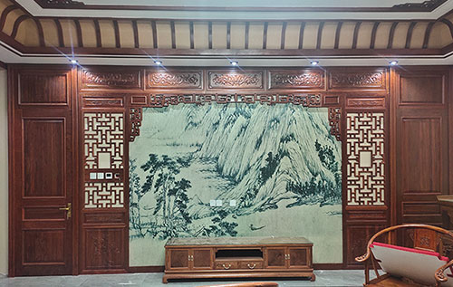 禅城中式仿古别墅客厅背景墙花格木作装饰